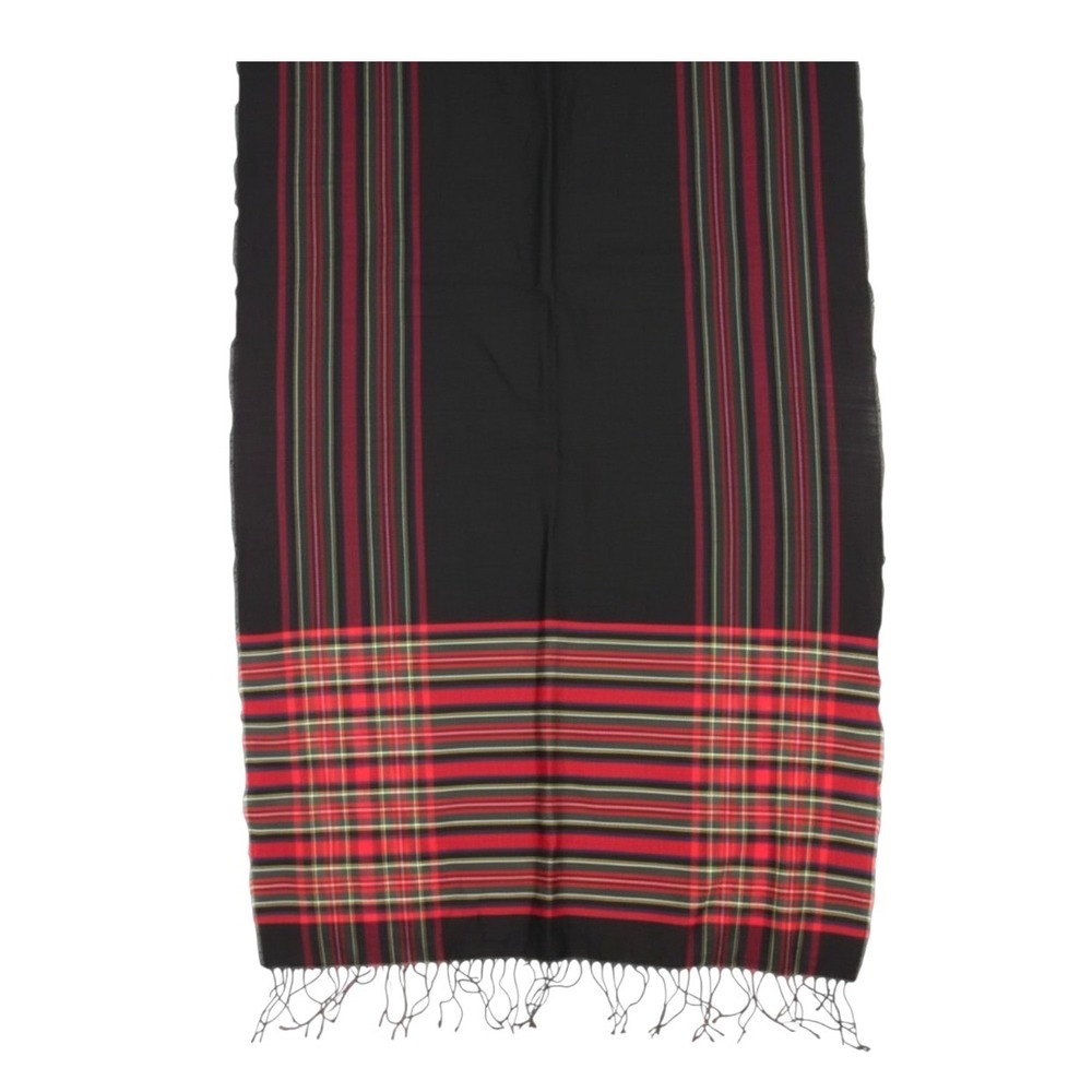 TALBOTS Black/Multi WOOL BLEND Tassel Trim STRIPED/PLAID Rectangle Wrap Scarf